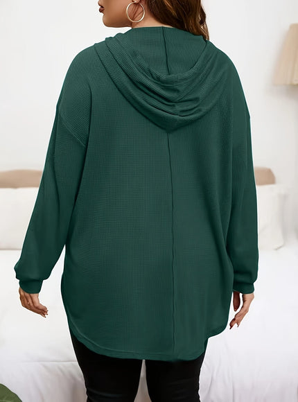 jkthpu-45 Plus Size Dark Green Drawstring Hooded Pullover Sweatshirt – Oversized Fit