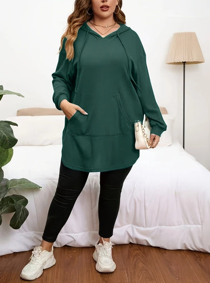 jkthpu-45 Plus Size Dark Green Drawstring Hooded Pullover Sweatshirt – Oversized Fit