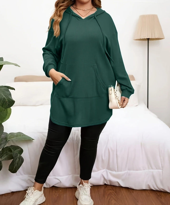 jkthpu-45 Plus Size Dark Green Drawstring Hooded Pullover Sweatshirt – Oversized Fit