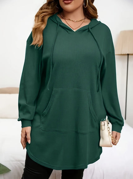 jkthpu-45 Plus Size Dark Green Drawstring Hooded Pullover Sweatshirt – Oversized Fit