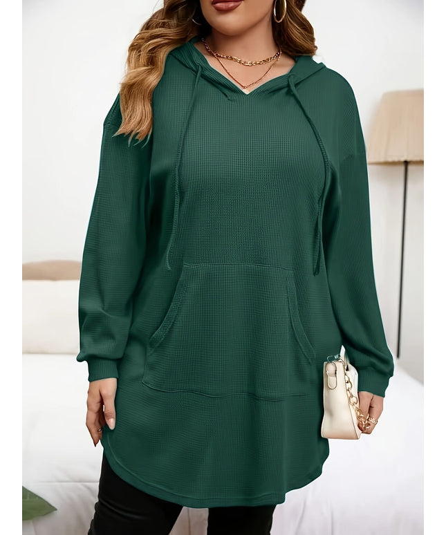 jkthpu-45 Plus Size Dark Green Drawstring Hooded Pullover Sweatshirt – Oversized Fit