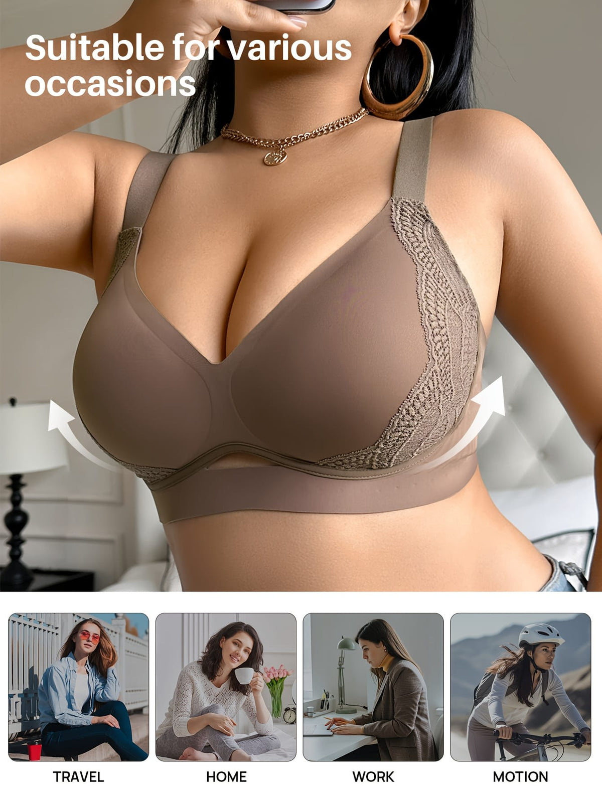 jkthpu-45 Plus Size Deep V Lace PushUp Bra Sexy Supportive Seamless