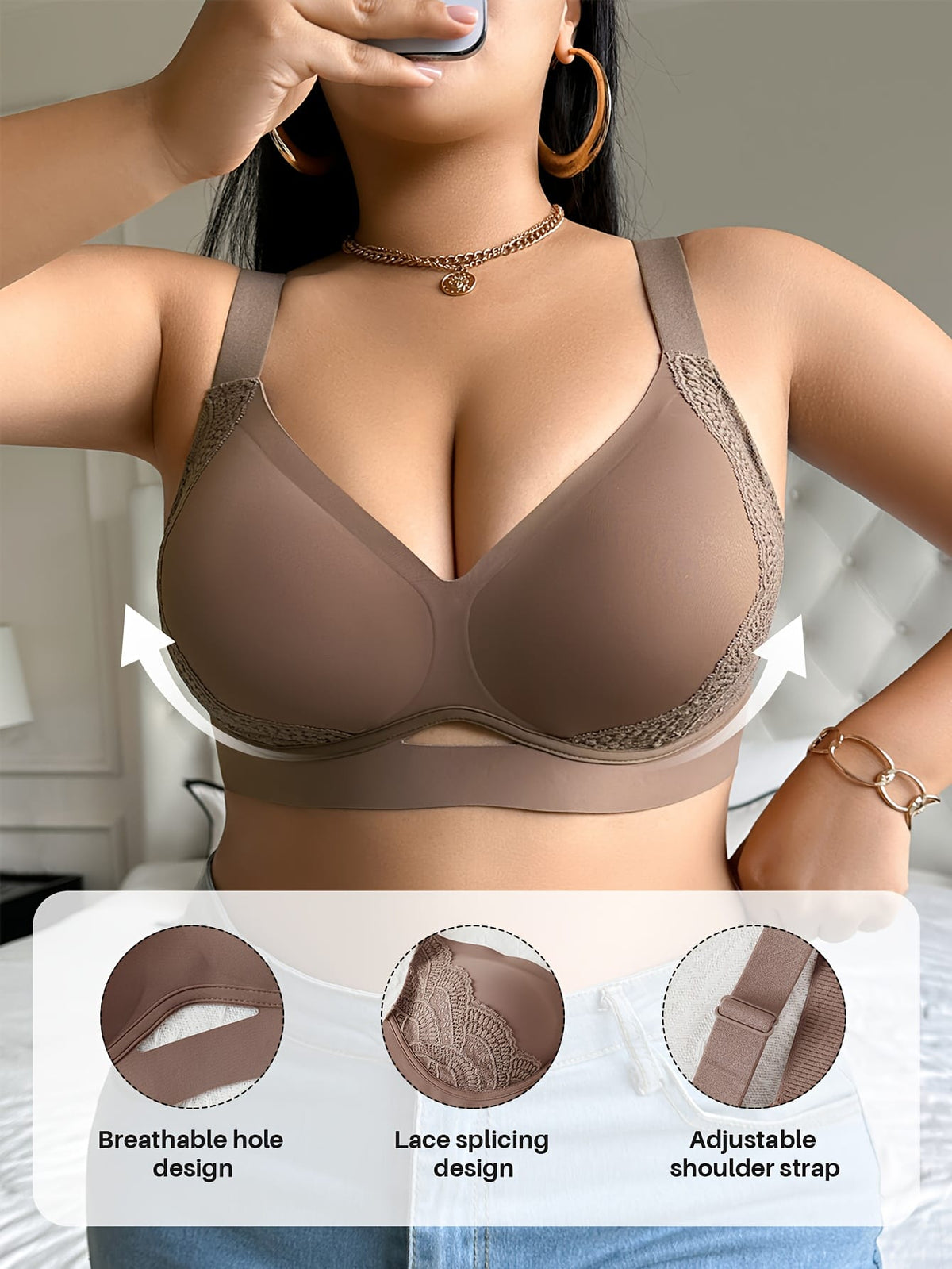 jkthpu-45 Plus Size Deep V Lace PushUp Bra Sexy Supportive Seamless