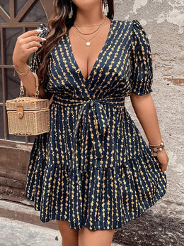 jkthpu-45 Plus Size Deep V Neck Floral Print Dress with Puff Sleeves and Waist Tie - Casual, Loose Fit, Short Sleeve, Knee-Length, Allseason Dress for Casual Occasions, Casual Wear|Floral Print Dress|Woven Fabric