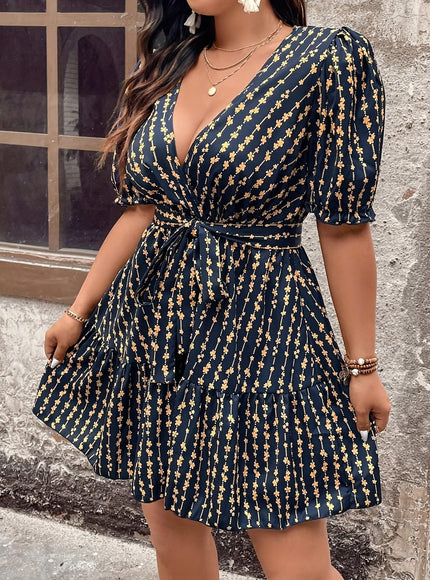 jkthpu-45 Plus Size Deep V Neck Floral Print Dress with Puff Sleeves and Waist Tie - Casual, Loose Fit, Short Sleeve, Knee-Length, Allseason Dress for Casual Occasions, Casual Wear|Floral Print Dress|Woven Fabric
