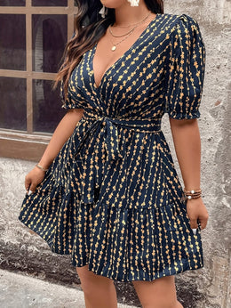 jkthpu-45 Plus Size Deep V Neck Floral Print Dress with Puff Sleeves and Waist Tie - Casual, Loose Fit, Short Sleeve, Knee-Length, Allseason Dress for Casual Occasions, Casual Wear|Floral Print Dress|Woven Fabric