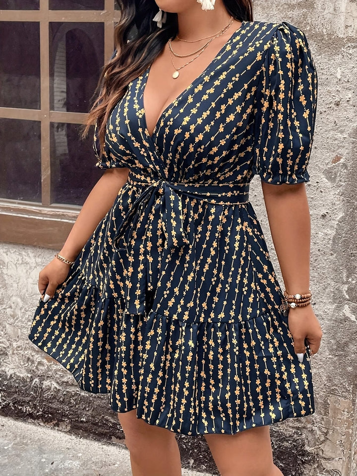 Plus Size Deep V Neck Floral Print Dress with Puff Sleeves and Waist Tie - Casual, Loose Fit, Short Sleeve, Knee-Length, Allseason Dress for Casual Occasions, Casual Wear|Floral Print Dress|Woven Fabric