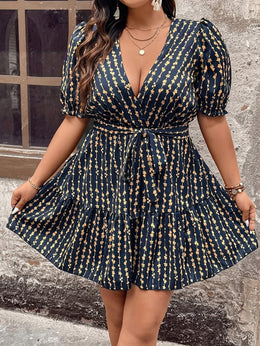 jkthpu-45 Plus Size Deep V Neck Floral Print Dress with Puff Sleeves and Waist Tie - Casual, Loose Fit, Short Sleeve, Knee-Length, Allseason Dress for Casual Occasions, Casual Wear|Floral Print Dress|Woven Fabric
