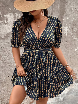 jkthpu-45 Plus Size Deep V Neck Floral Print Dress with Puff Sleeves and Waist Tie - Casual, Loose Fit, Short Sleeve, Knee-Length, Allseason Dress for Casual Occasions, Casual Wear|Floral Print Dress|Woven Fabric