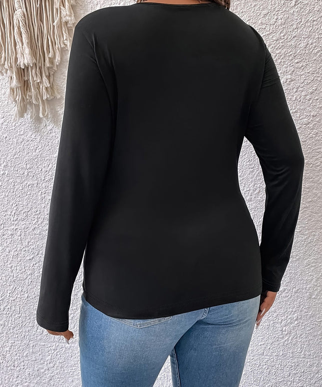 jkthpu-45 Plus Size Deep V-Neck Long Sleeve T-Shirt – Cross Front Detail