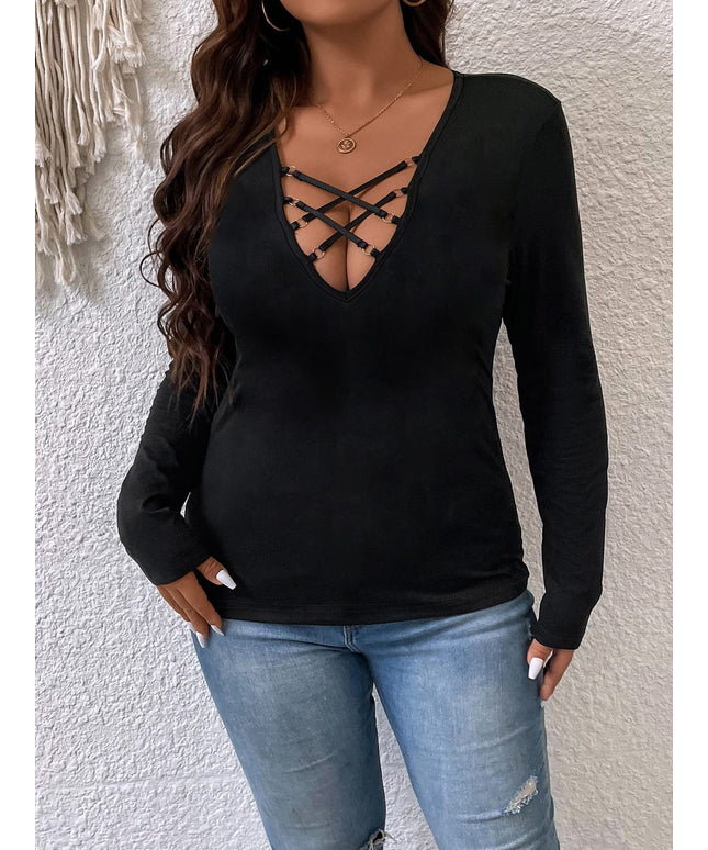 jkthpu-45 Plus Size Deep V-Neck Long Sleeve T-Shirt – Cross Front Detail