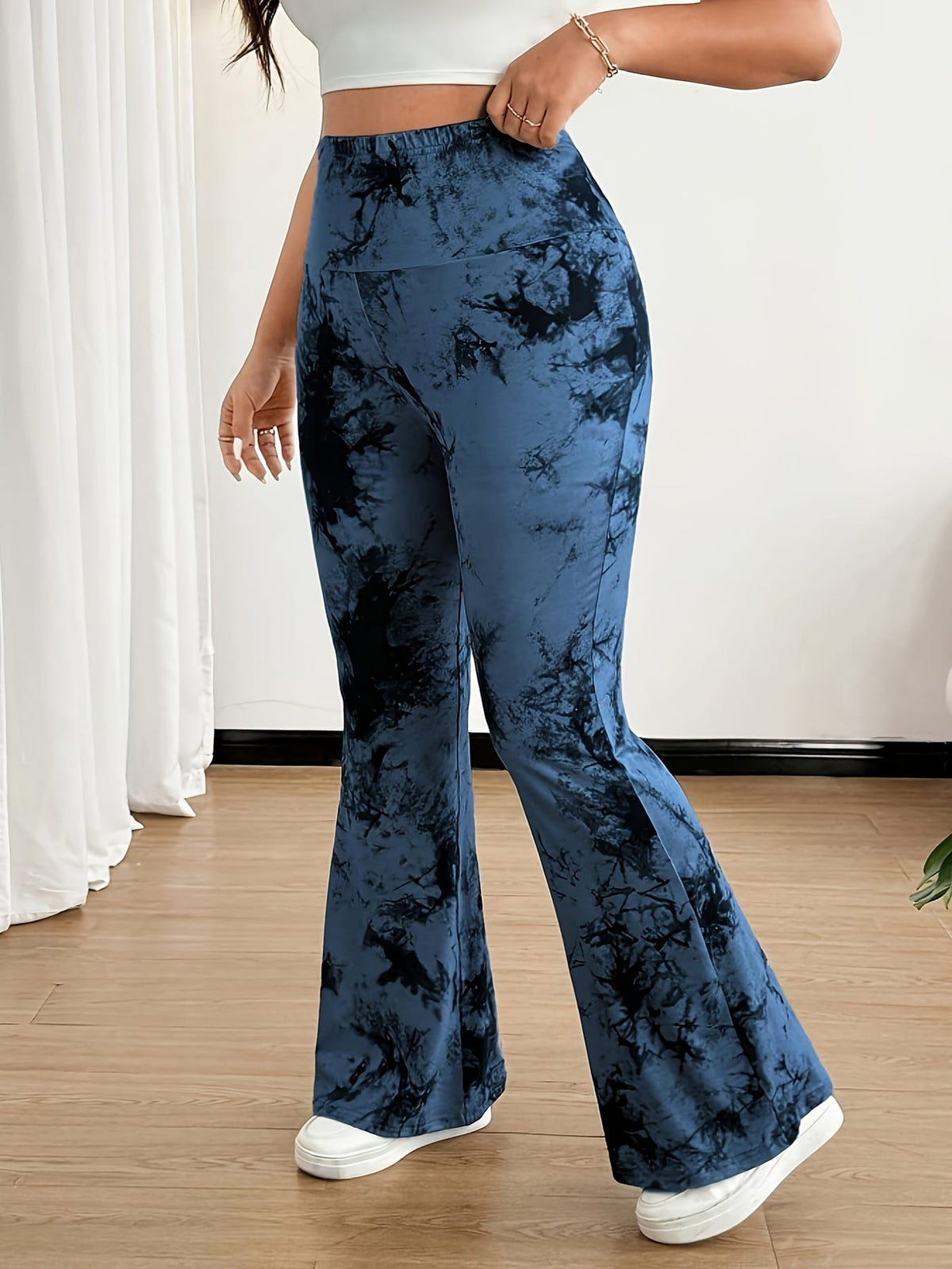 jkthpu-45 Plus Size, [Denim Print/Imitation Denim] Women's High-Waisted Wide-Leg