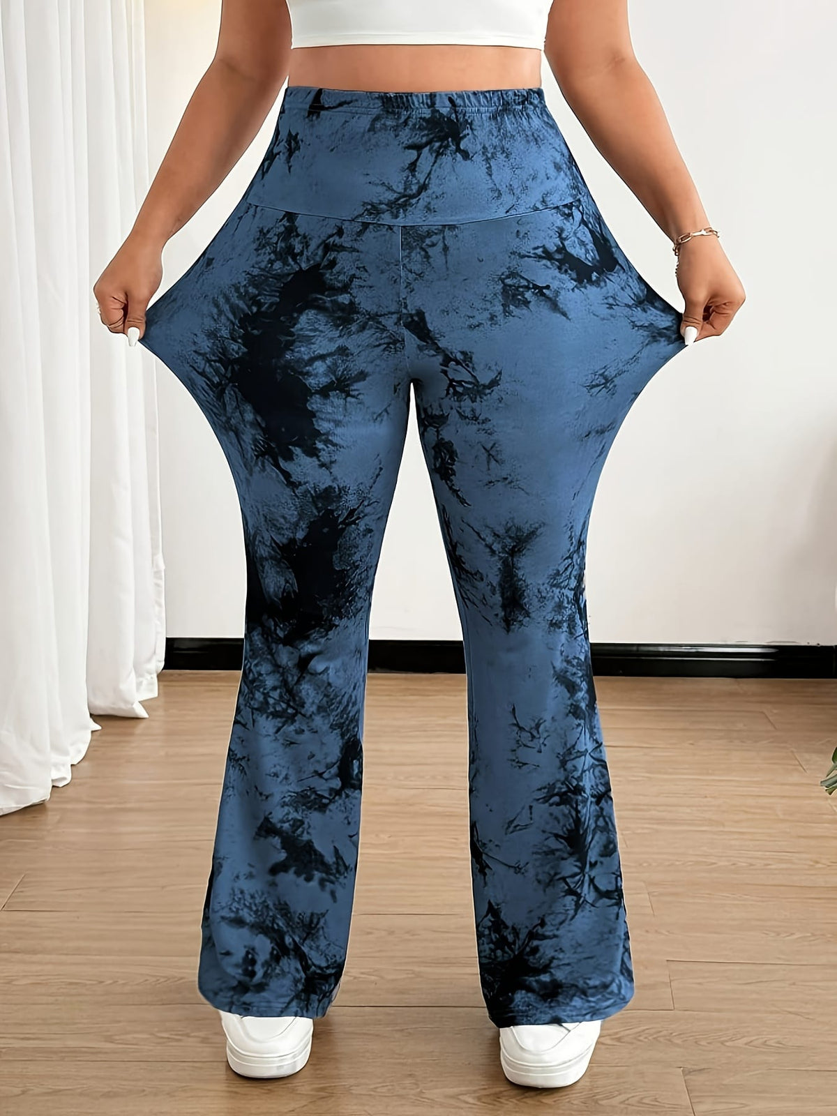 jkthpu-45 Plus Size, [Denim Print/Imitation Denim] Women's High-Waisted Wide-Leg