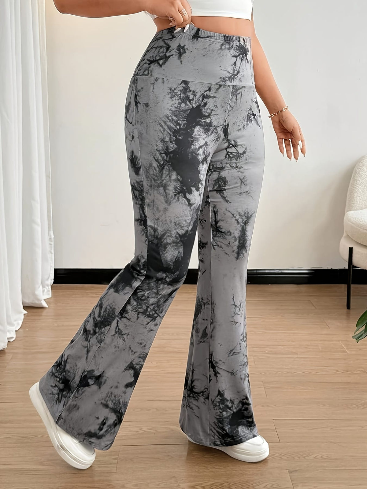 jkthpu-45 Plus Size, [Denim Print/Imitation Denim] Women's High-Waisted Wide-Leg