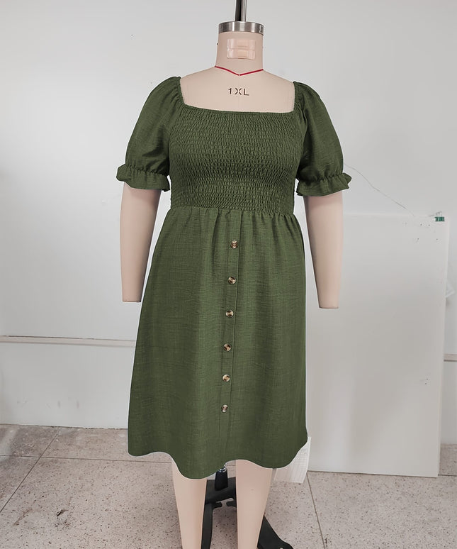 jkthpu-45 Plus Size, [Denim Print/Imitation Denim] Women's Plus Size Olive Green Imitation Denim Dress - Elegant Square Neck Short Sleeve A-Line Smock Dress with Smocked Waist & Golden Buttons, Lightweight Summer Casual to Semi-Formal Outfit, Machine Washable, Dayt