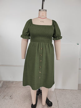 jkthpu-45 Plus Size, [Denim Print/Imitation Denim] Women's Plus Size Olive Green Imitation Denim Dress - Elegant Square Neck Short Sleeve A-Line Smock Dress with Smocked Waist & Golden Buttons, Lightweight Summer Casual to Semi-Formal Outfit, Machine Washable, Dayt