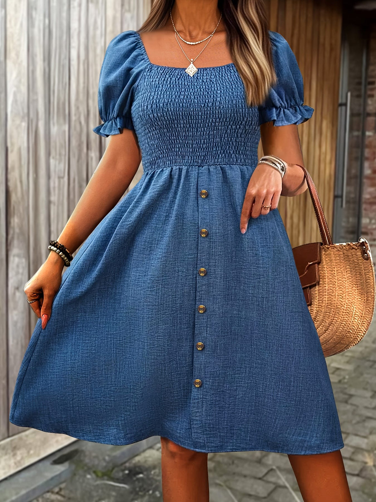 jkthpu-45 Plus Size, [Denim Print/Imitation Denim] Women's Plus Size Olive Green Imitation Denim Dress - Elegant Square Neck Short Sleeve A-Line Smock Dress with Smocked Waist & Golden Buttons, Lightweight Summer Casual to Semi-Formal Outfit, Machine Washable, Dayt