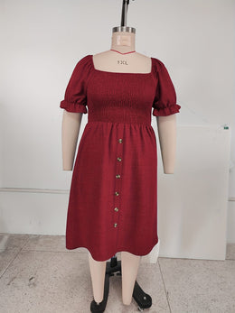 jkthpu-45 Plus Size, [Denim Print/Imitation Denim] Women's Plus Size Olive Green Imitation Denim Dress - Elegant Square Neck Short Sleeve A-Line Smock Dress with Smocked Waist & Golden Buttons, Lightweight Summer Casual to Semi-Formal Outfit, Machine Washable, Dayt