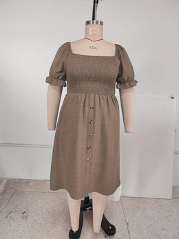 jkthpu-45 Plus Size, [Denim Print/Imitation Denim] Women's Plus Size Olive Green Imitation Denim Dress - Elegant Square Neck Short Sleeve A-Line Smock Dress with Smocked Waist & Golden Buttons, Lightweight Summer Casual to Semi-Formal Outfit, Machine Washable, Dayt