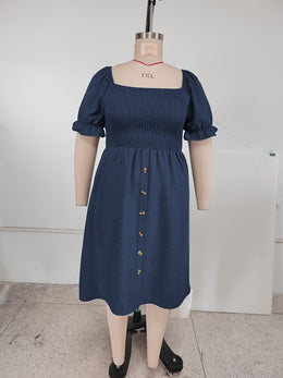 jkthpu-45 Plus Size, [Denim Print/Imitation Denim] Women's Plus Size Olive Green Imitation Denim Dress - Elegant Square Neck Short Sleeve A-Line Smock Dress with Smocked Waist & Golden Buttons, Lightweight Summer Casual to Semi-Formal Outfit, Machine Washable, Dayt