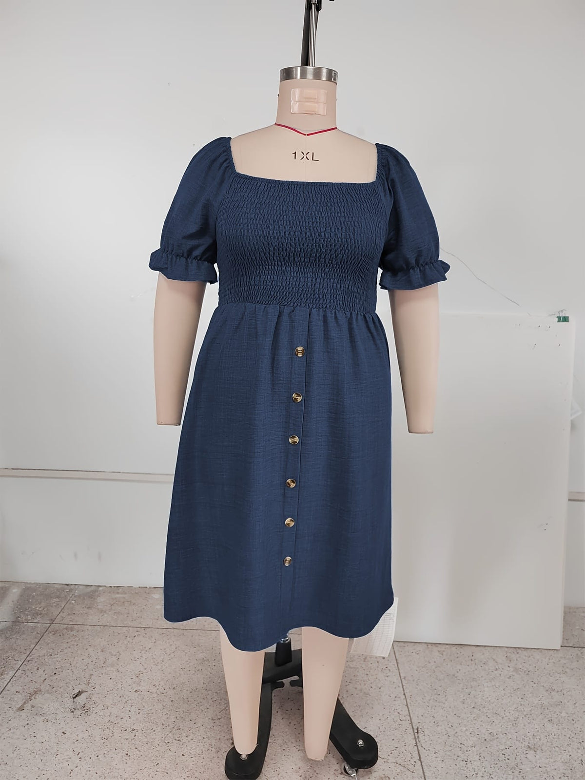 jkthpu-45 Plus Size, [Denim Print/Imitation Denim] Women's Plus Size Olive Green Imitation Denim Dress - Elegant Square Neck Short Sleeve A-Line Smock Dress with Smocked Waist & Golden Buttons, Lightweight Summer Casual to Semi-Formal Outfit, Machine Washable, Dayt