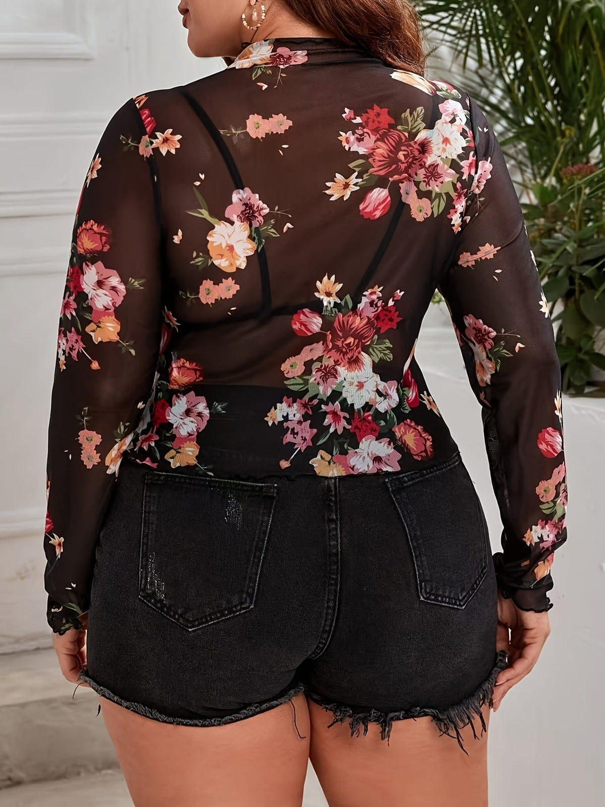 jkthpu-45 Plus Size, Didi Women's Elegant Floral Print Mesh Long Sleeve Top - Semi-Sheer Stretch Round Neck Blouse, All-Season Versatile Shirt for Casual & Formal Wear
