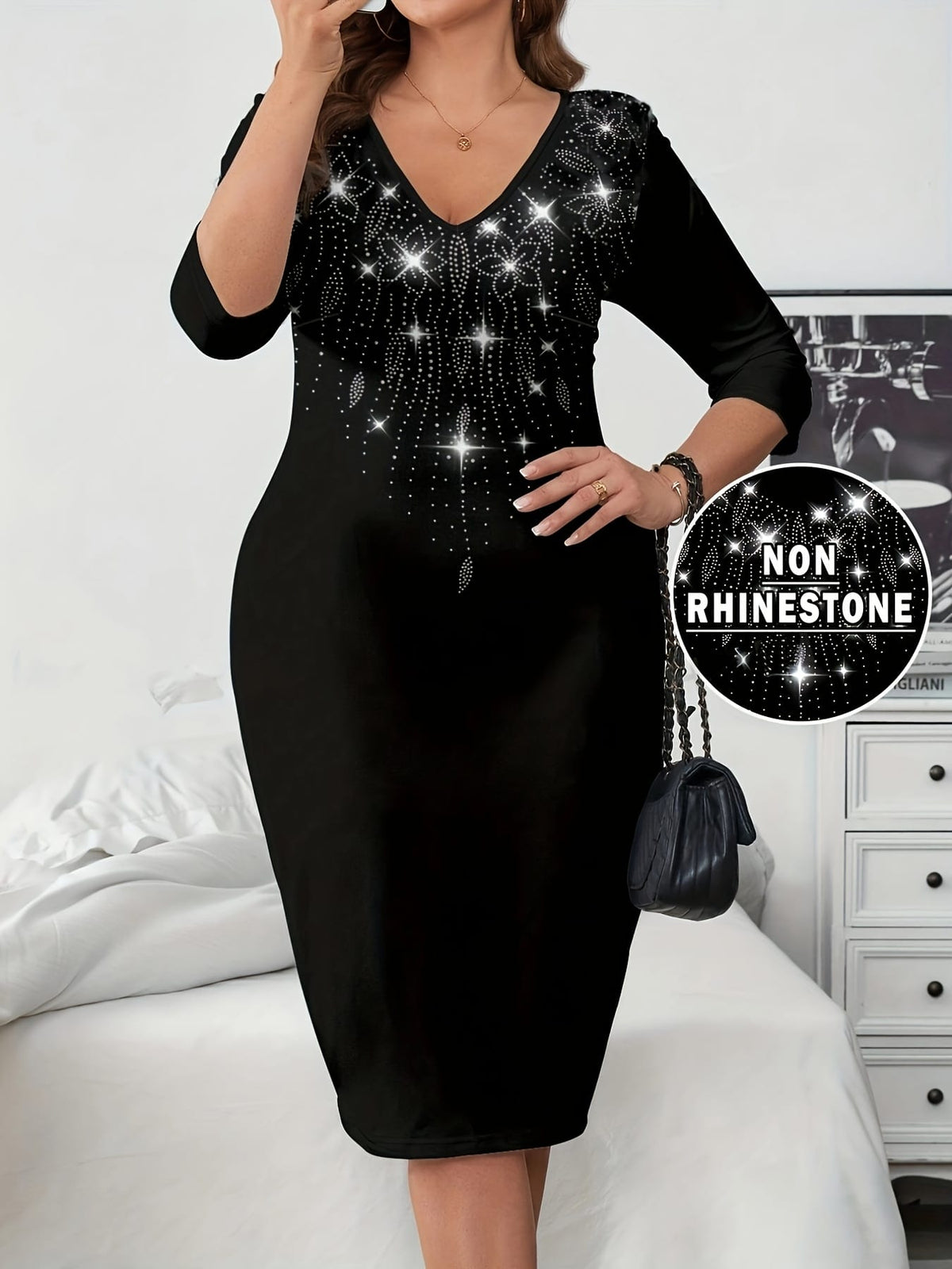 jkthpu-45 Plus Size - Elegant And Fashionable Mid-Length Dress for Women in Plus Size, Featuring a V-Neck And Half Sleeves with Rhinestone Embellishments.