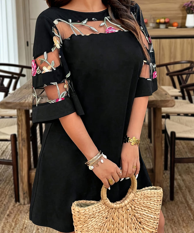 jkthpu-45 Plus Size Elegant Asymmetrical Hem Dress – Black Floral A-Line Skirt