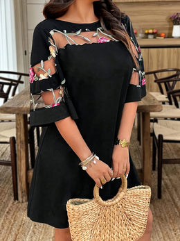 jkthpu-45 Plus Size Elegant Asymmetrical Hem Dress – Black Floral A-Line Skirt