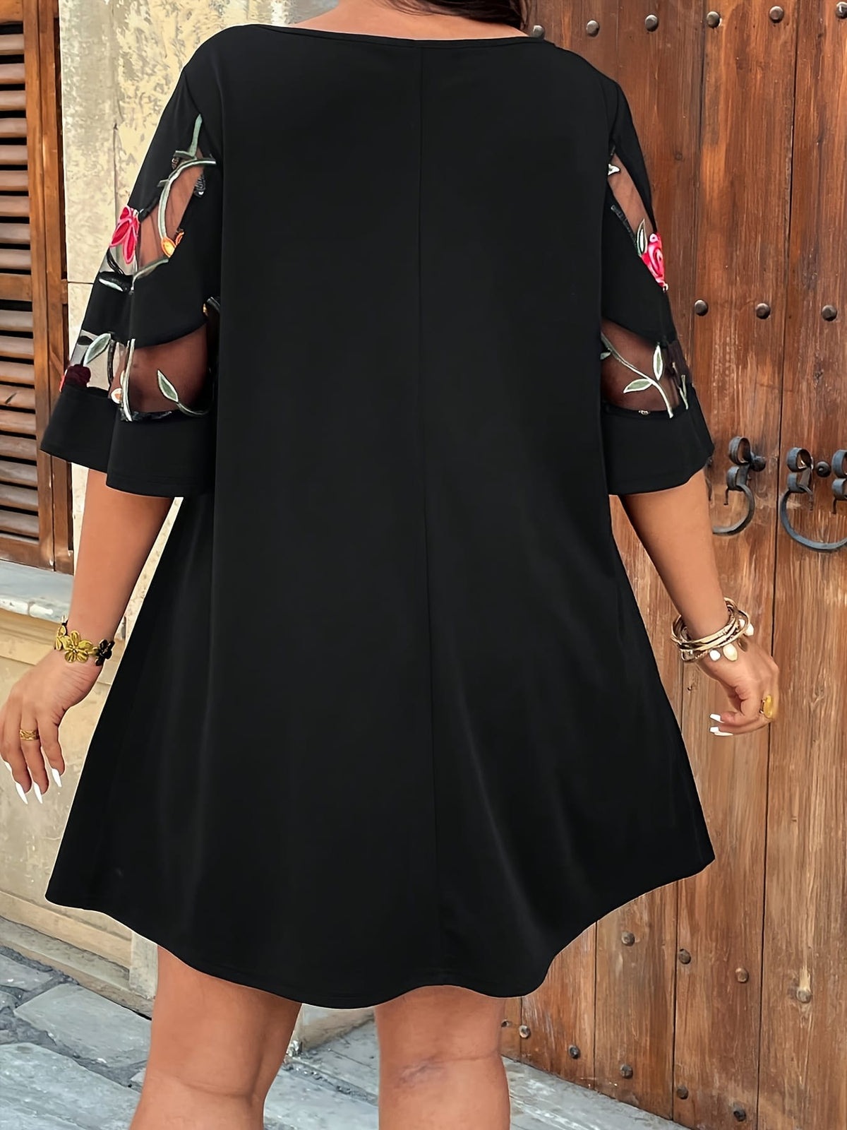 jkthpu-45 Plus Size Elegant Asymmetrical Hem Dress – Black Floral A-Line Skirt