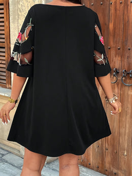 jkthpu-45 Plus Size Elegant Asymmetrical Hem Dress – Black Floral A-Line Skirt