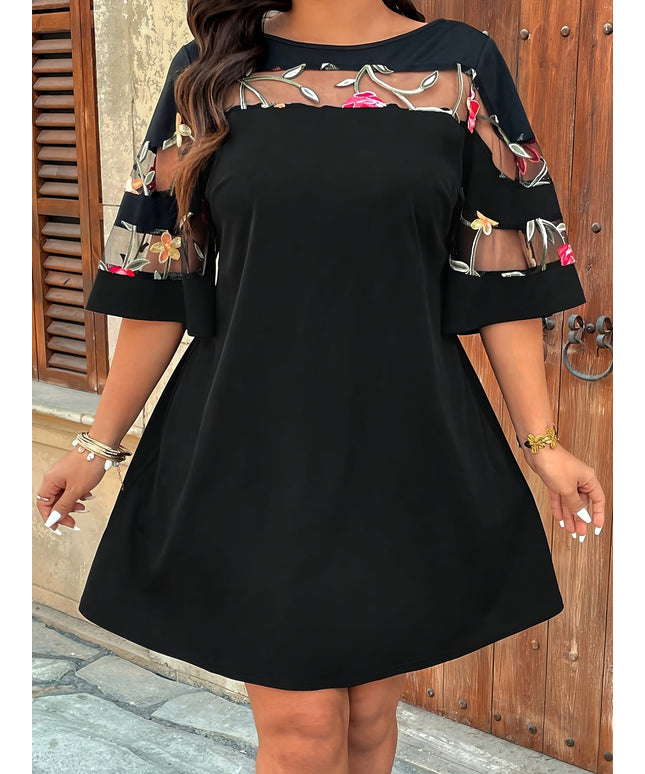 jkthpu-45 Plus Size Elegant Asymmetrical Hem Dress – Black Floral A-Line Skirt