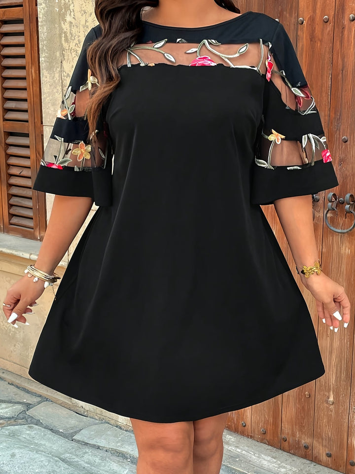 Plus Size Elegant Asymmetrical Hem Dress – Black Floral A-Line Skirt