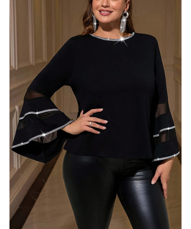 jkthpu-45 Plus Size Elegant Bell Sleeve Blouse – Black & White Ruffle Detail