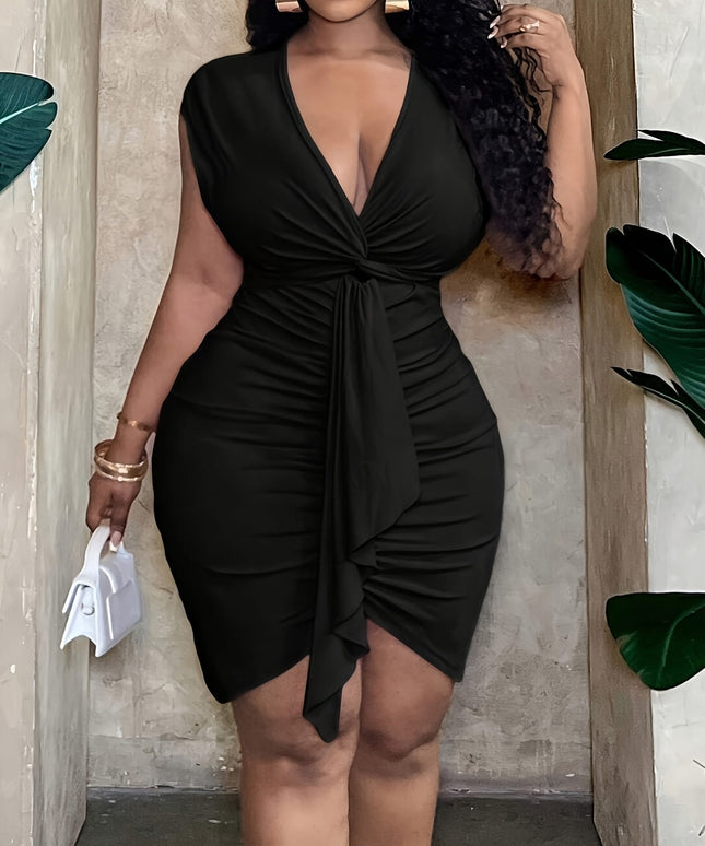 jkthpu-45 Plus Size - Elegant Black Bodycon Dress with Twist Detail - Deep V-Neck, Short Sleeve, Ruched Waist, Stretchy Polyester Blend for Women, Perfect for Spring/Summer/Fall, Casual to Formal Wear, Formal Attire|Ruched Waist Dress|Polyester Blend