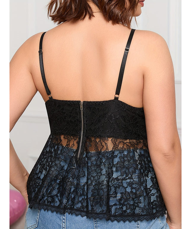 KissICON Plus Size Elegant Black Lace Camisole with Contrast