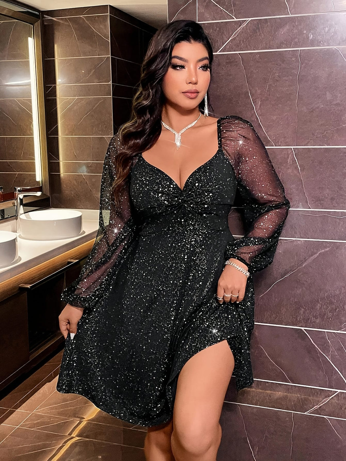 jkthpu-45 Plus Size, Elegant Black Plus Size Party Dress