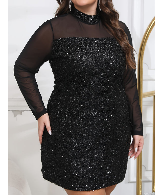 jkthpu-45 Plus Size Elegant Black Sequin Dress with Lace Detail - Long Sleeve, Midi Length, Polyester Blend, Party Dress for Women, Party Dress|Sequin Embellished Dress|Polyester Blend Dress
