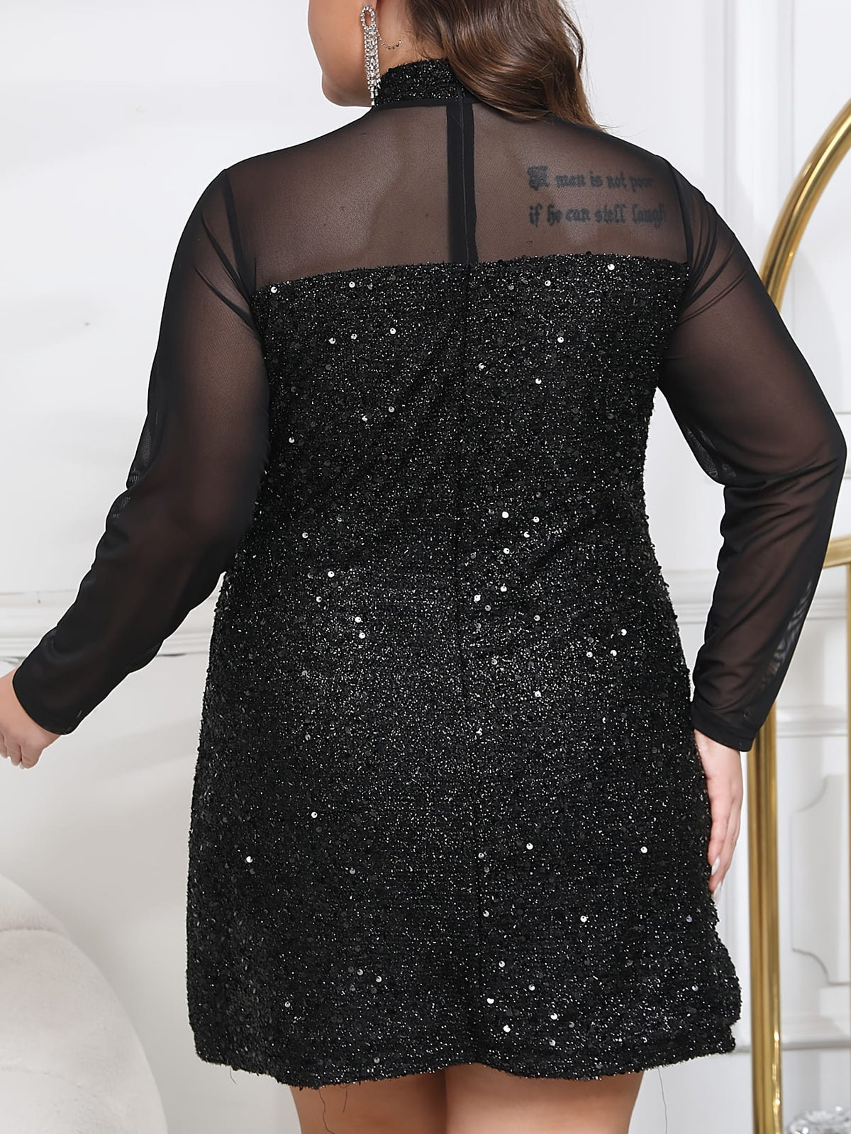 jkthpu-45 Plus Size Elegant Black Sequin Dress with Lace Detail - Long Sleeve, Midi Length, Polyester Blend, Party Dress for Women, Party Dress|Sequin Embellished Dress|Polyester Blend Dress