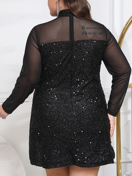 jkthpu-45 Plus Size Elegant Black Sequin Dress with Lace Detail - Long Sleeve, Midi Length, Polyester Blend, Party Dress for Women, Party Dress|Sequin Embellished Dress|Polyester Blend Dress