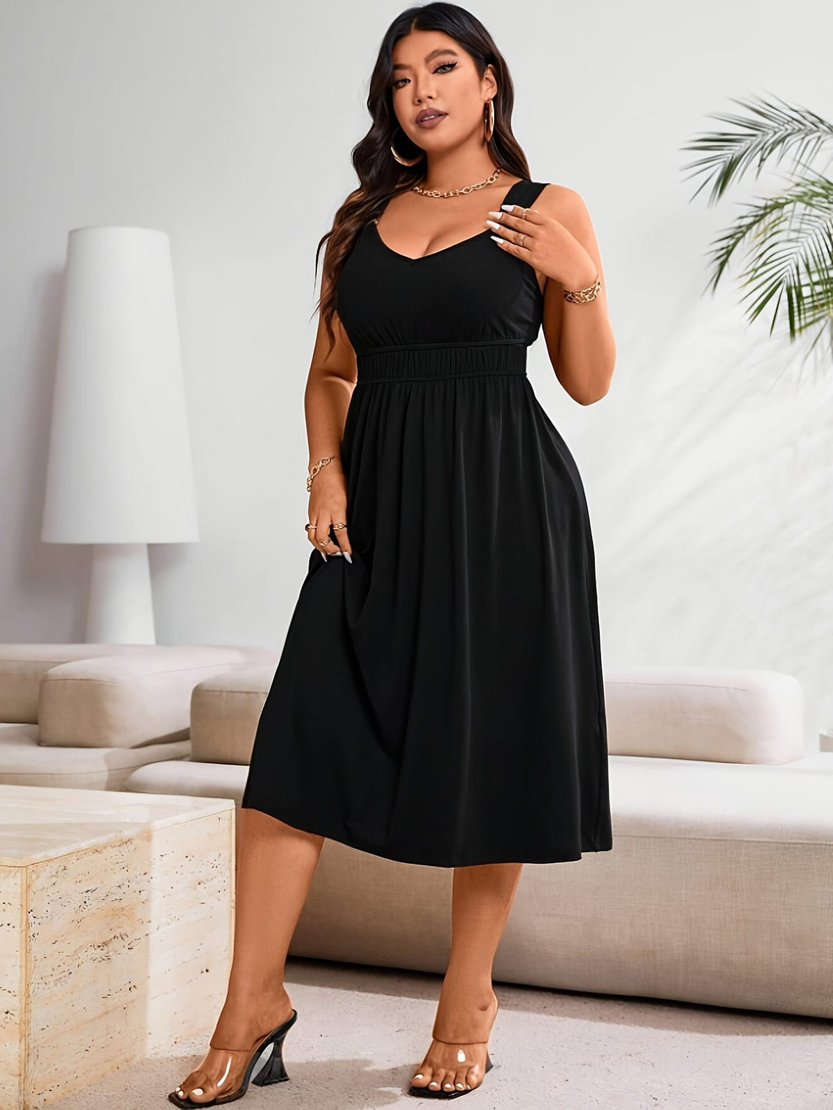 jkthpu-45 Plus Size Elegant Black Sleeveless Dress with V-Neck - Stylish, Stretchy Fabric, Perfect for Vacation and Casual Attire, Casual Attire|Vneck Dress|Stretchy Fabric