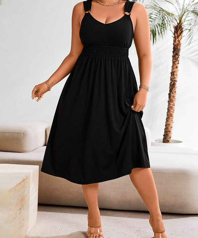 jkthpu-45 Plus Size Elegant Black Sleeveless Dress with V-Neck - Stylish, Stretchy Fabric, Perfect for Vacation and Casual Attire, Casual Attire|Vneck Dress|Stretchy Fabric