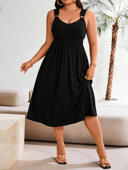 jkthpu-45 Plus Size Elegant Black Sleeveless Dress with V-Neck - Stylish, Stretchy Fabric, Perfect for Vacation and Casual Attire, Casual Attire|Vneck Dress|Stretchy Fabric