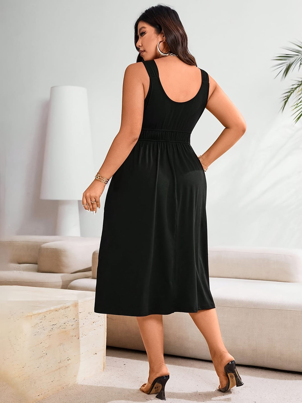 jkthpu-45 Plus Size Elegant Black Sleeveless Dress with V-Neck - Stylish, Stretchy Fabric, Perfect for Vacation and Casual Attire, Casual Attire|Vneck Dress|Stretchy Fabric
