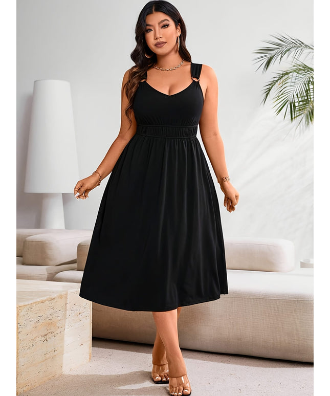 jkthpu-45 Plus Size Elegant Black Sleeveless Dress with V-Neck - Stylish, Stretchy Fabric, Perfect for Vacation and Casual Attire, Casual Attire|Vneck Dress|Stretchy Fabric