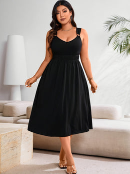jkthpu-45 Plus Size Elegant Black Sleeveless Dress with V-Neck - Stylish, Stretchy Fabric, Perfect for Vacation and Casual Attire, Casual Attire|Vneck Dress|Stretchy Fabric