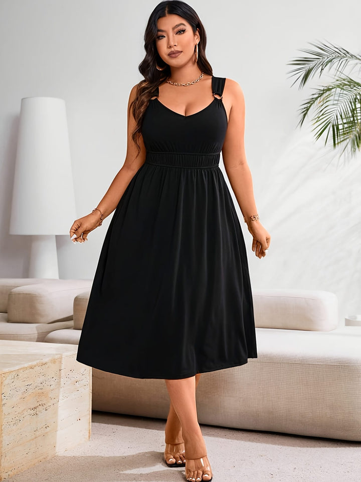 Plus Size Elegant Black Sleeveless Dress with V-Neck - Stylish, Stretchy Fabric, Perfect for Vacation and Casual Attire, Casual Attire|Vneck Dress|Stretchy Fabric