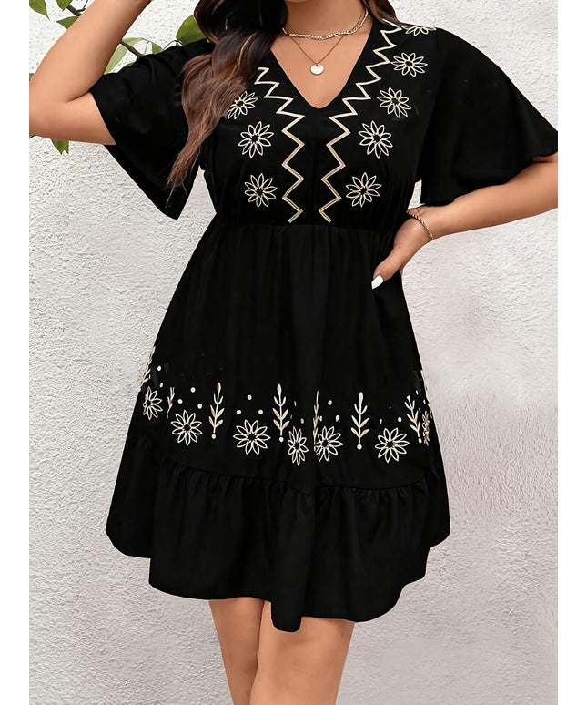 jkthpu-45 Plus Size - Elegant Black V-Neck Floral Print Dress with Ruffled Hem - Short Sleeve, A-Line Silhouette, Stretchy Fabric for Women - Perfect for Spring/Summer/Fall, Floral Dress