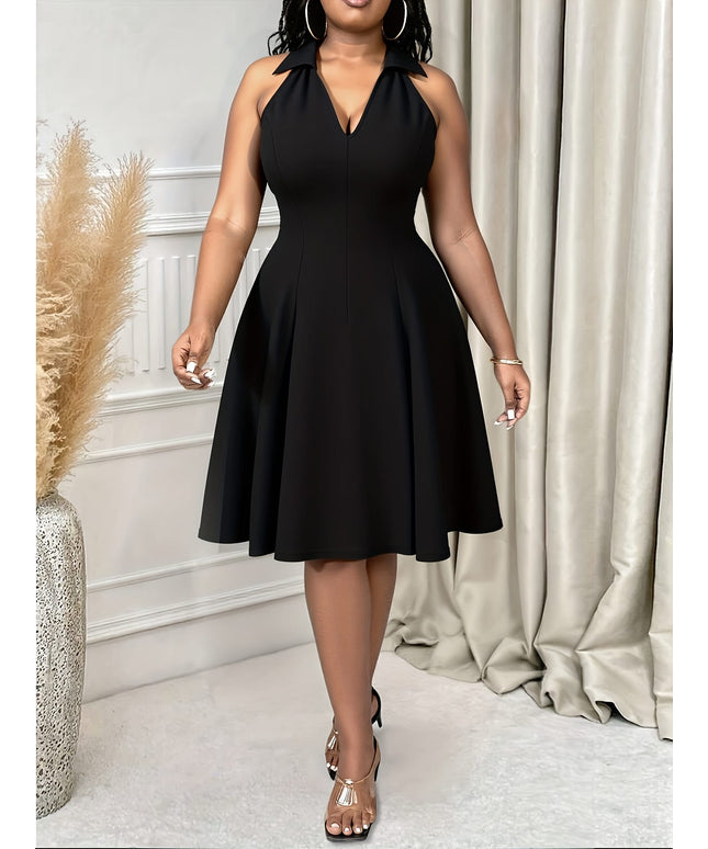 jkthpu-45 Plus Size - Elegant Black V-Neck Sleeveless Midi Dress with Ruffled Hem - Perfect for Spring, Summer & Fall, Casual Chic Style, Polyester Blend, Backless Design, Casual Chic Attire | Ruffled Hem Dress | Polyester Blend Dress