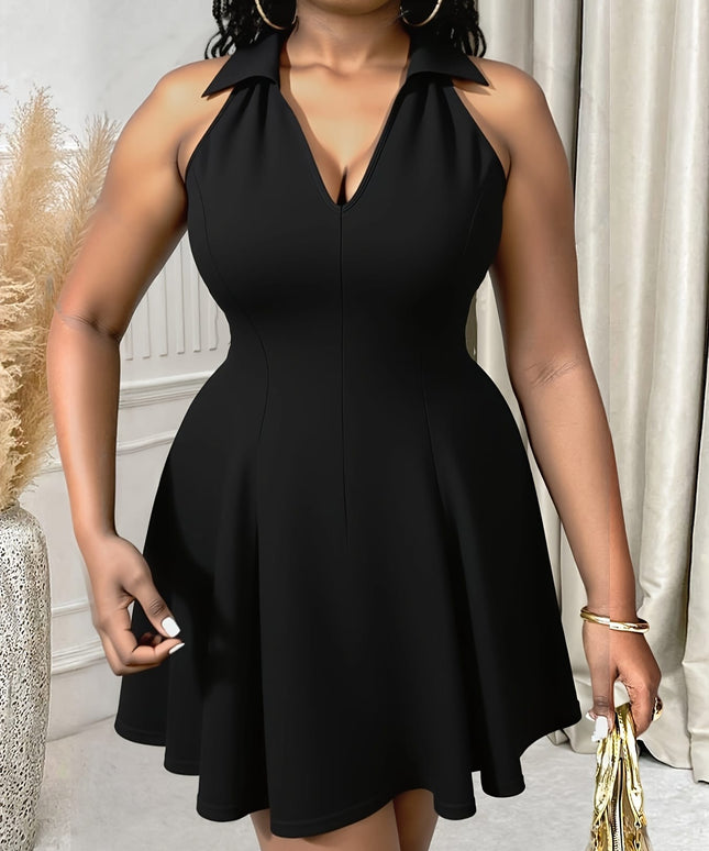 jkthpu-45 Plus Size - Elegant Black V-Neck Sleeveless Midi Dress with Ruffled Hem - Perfect for Spring, Summer & Fall, Casual Chic Style, Polyester Blend, Backless Design, Casual Chic Attire | Ruffled Hem Dress | Polyester Blend Dress